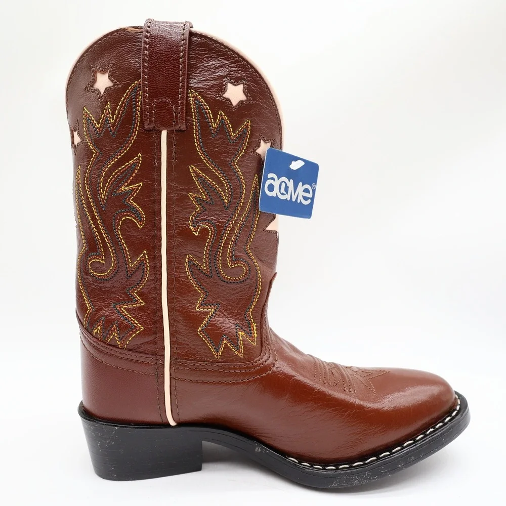 Acme Western Boots Childs 1 D Brown Star Inlay Leather New In Box Vintage Style